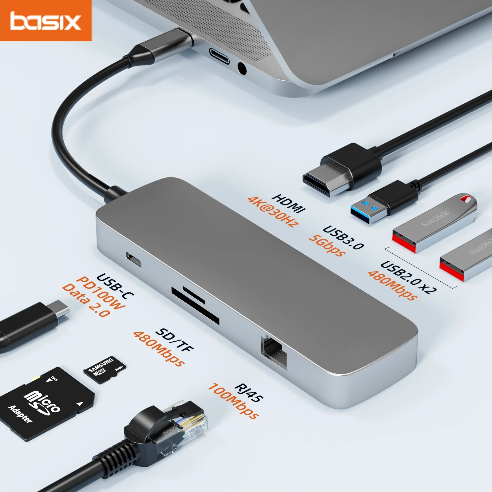 

Basix USB C Hub 8in1 Type-C To 4K HDMI-compatible Adapter with RJ45 SD/TF Card Reader PD for Macbook Air pro MI M2 Computer