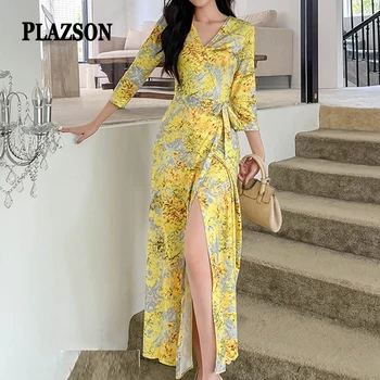 섹시한 V넥 원피스 롱 랩, 원피스 옐로우 프린트, 반팔 슬림 V넥 맥시 원피스, 홀리데이 비치웨어, 플러스 사이즈 2XL, 여름