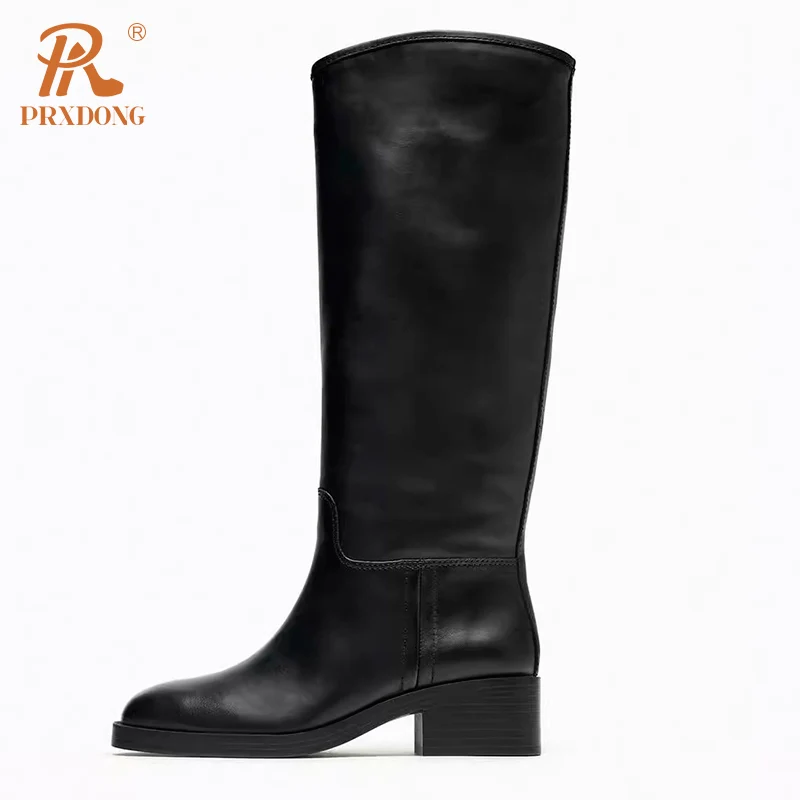 

PRXDONG 2023 New Brand Genuine Leather Autumn Winter Warm Knee HIgh Boots Med Heels Round Toe Black Casual Chelsea Boots Shoes