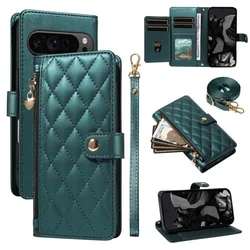 Elegant Leather Zipper Flip Phone Case with Long Lanyard and Wrist Strap Wallet - Google Pixel 8 (Dark Green)