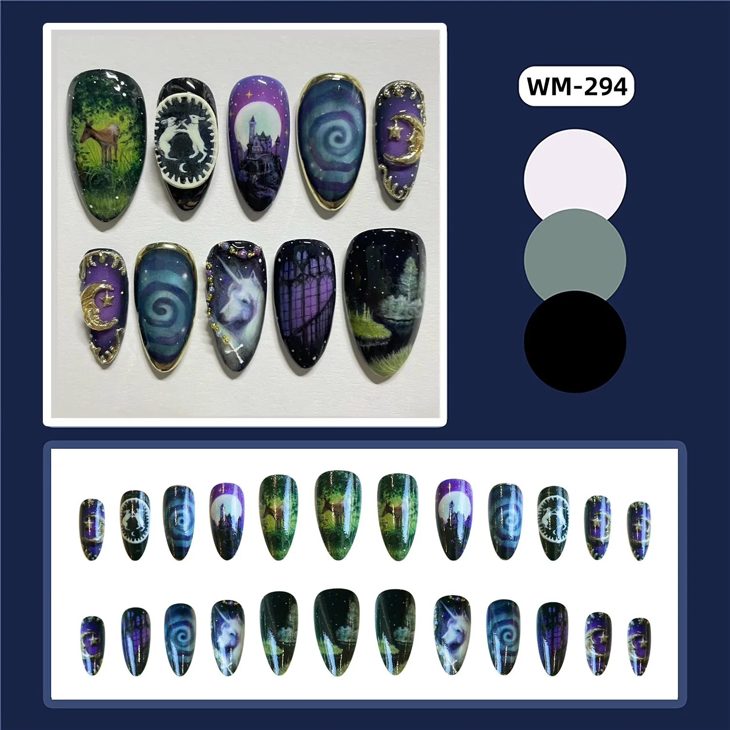 24PCS Almond Press on Nails Fantasy Unicorn Moon Castle Patterns False Nail Tips Aurora Purple False Nails Set Wearable Manicure 2 24PCS Almond Press on Nails Fantasy Unicorn Moon Castle Patterns False Nail Tips Aurora Purple False Nails Set Wearable Manicure - Image 2