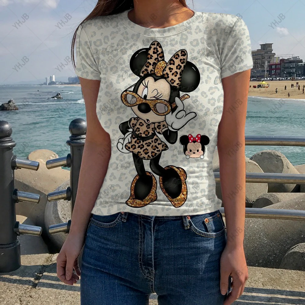 

Women Lady T-shirt Tees Female Korean Fashion Summer Short Sleeve Disney Minnie Mickey Mouse Print Slim Clothes Tops Cute Hot