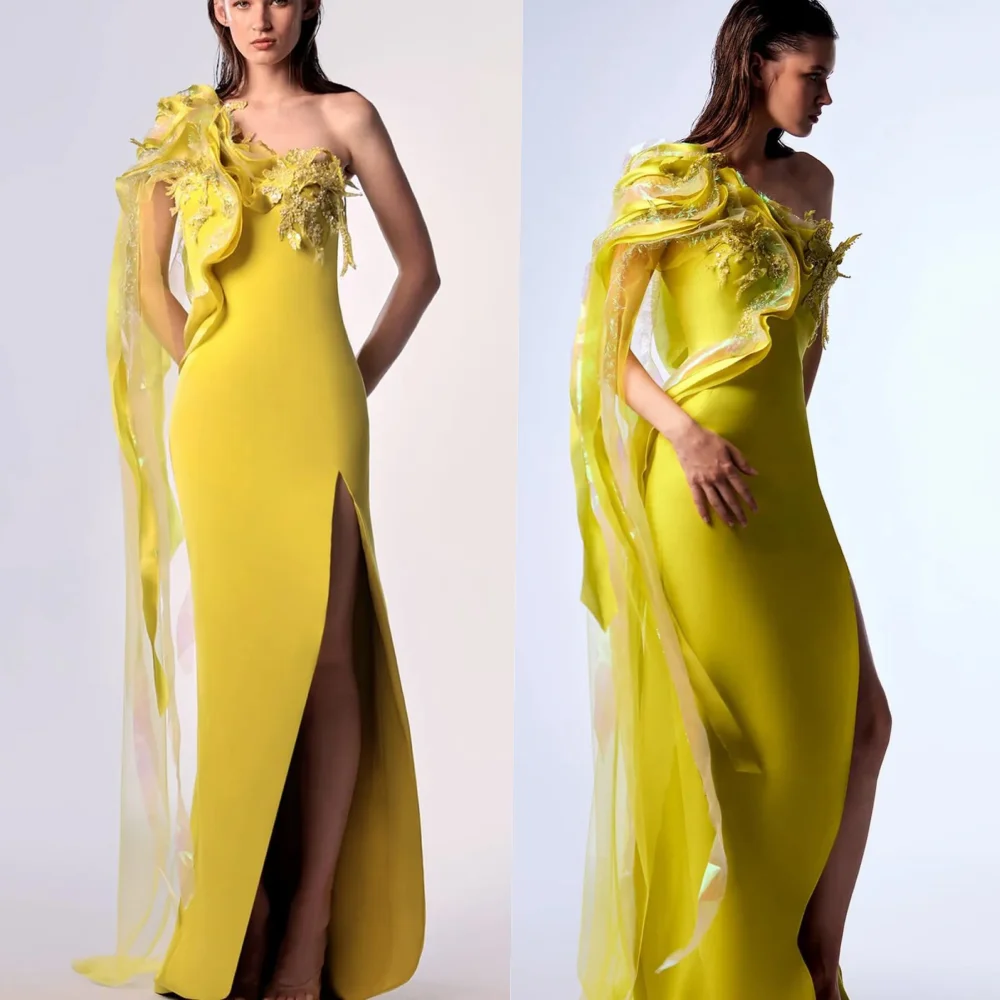 

Modern Style Jersey Handmade Flower Mermaid One-shoulder Long Dresses Prom Dresses Simple Formal Retro Elegant Modern Style