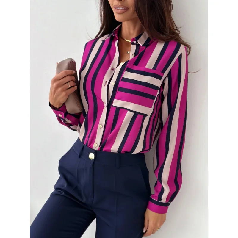 

Elegant Stripe Shirt for Women Y2K INS Clothes Autumn Long Sleeve Turn Down Collar Single Breasted Pocket Button T-shirt