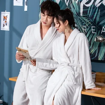 Couples Hotel Style Long Bath Robe Coral Fleece Flannel White Morning Gown Women's Sleepwear Men's Pyjamas Autumn Winter