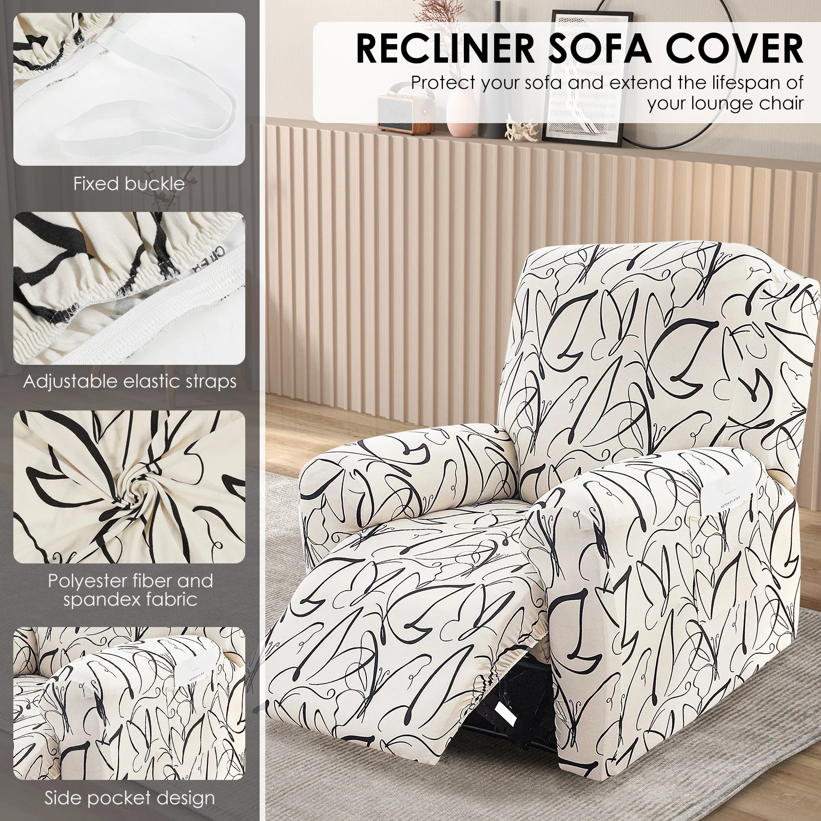 4Pcs Elastic Recliner Sofa Cover Printed Stretch Recliner Slipcovers with Side Pockets Non Slip Sofa Slipcovers for Living Room 6