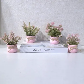 1Pc Mini Artificial Pink Series Flower Potted Plants,Home Decor, Office/Desk/Dining Table/Washbasin Decor Simulation Plants 1