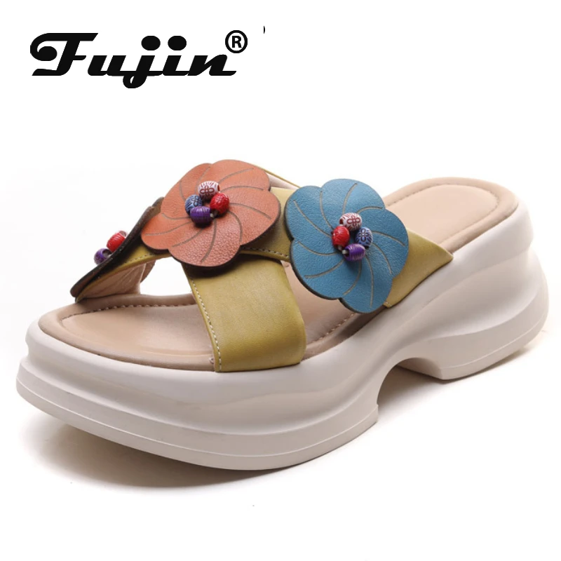 

Женские сандалии на платформе 6 см Fujin, белые сандалии из натуральной кожи с цветочной аппликацией, на танкетке с открытым носком, лето 2019