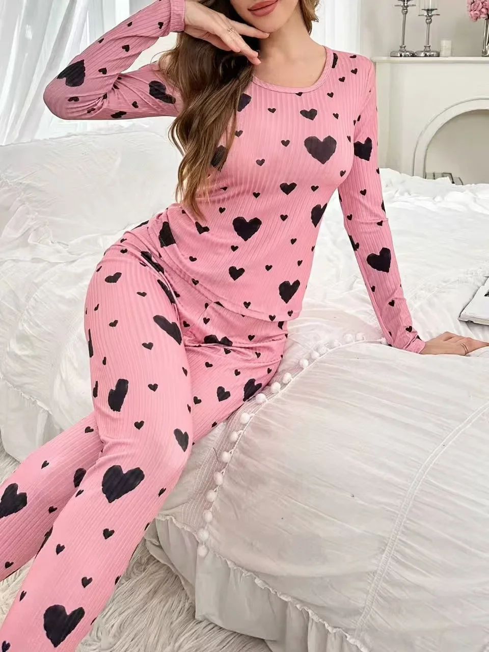 Women's Autumn Winter Pyjama Set, Heart Print Long Sleeve T-shirt and Long Pants Set Loungewear Female Sleepwear