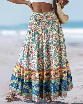 Womens Boho Floral Print Tiered Maxi Skirt High Waist Smocked Beach Long Skirt for Summer 1
