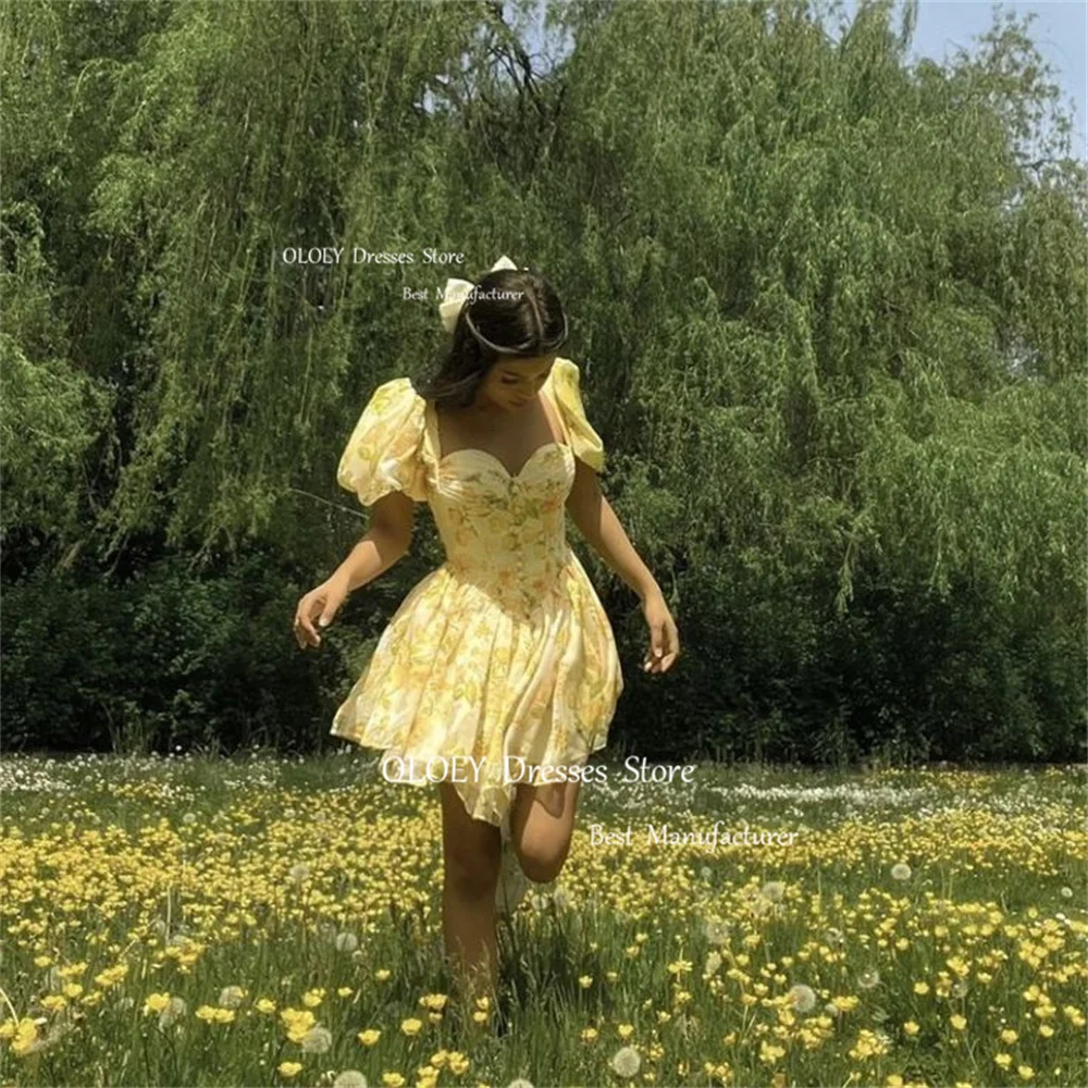 OLOEY Garden Yellow Sweetheart Short Prom Cocktail Dresses Flowers Print Women Wedding Party Dresses Beach Puff Sleeves