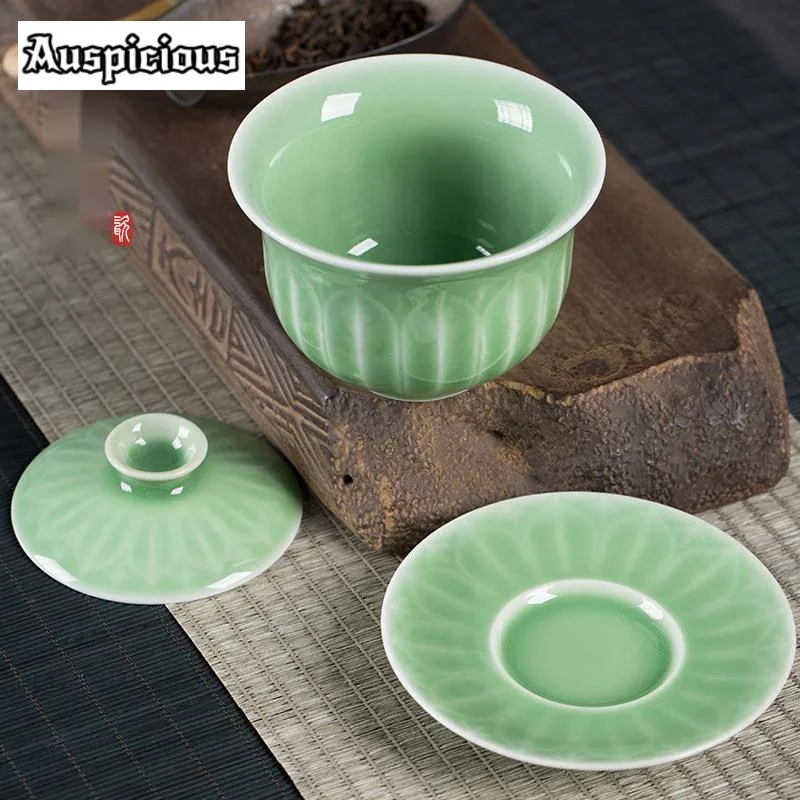 150ml Creative Longquan Celadon Gaiwan Antique Handmade Lotus Petal Tea Tureen Zen Tea Maker Cover Bowl Cha Services Craft