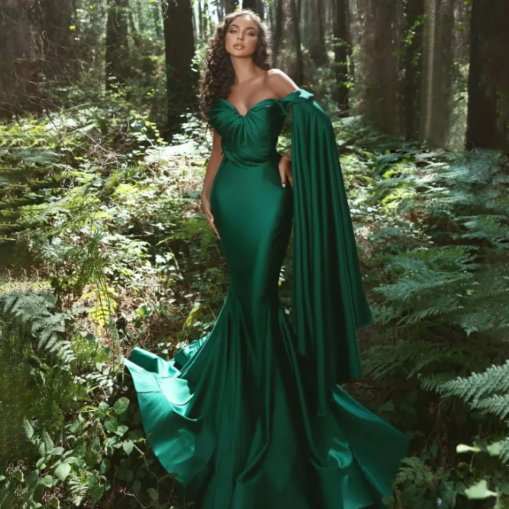 

Simple Satin Evening Dresses 2024 New One Shoulder Deep V-Neck Party Prom Gowns Mermaid Pleated Custom Made Vestidos De Fiesta