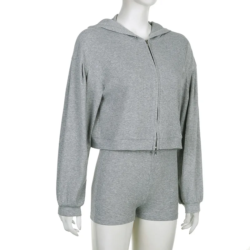 Women Clothing Crop Top Shorts Three Piece Set Knitted Zip Hooded Cardigan Sweatshirt 4