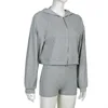 Women Clothing Crop Top Shorts Three Piece Set Knitted Zip Hooded Cardigan Sweatshirt 4