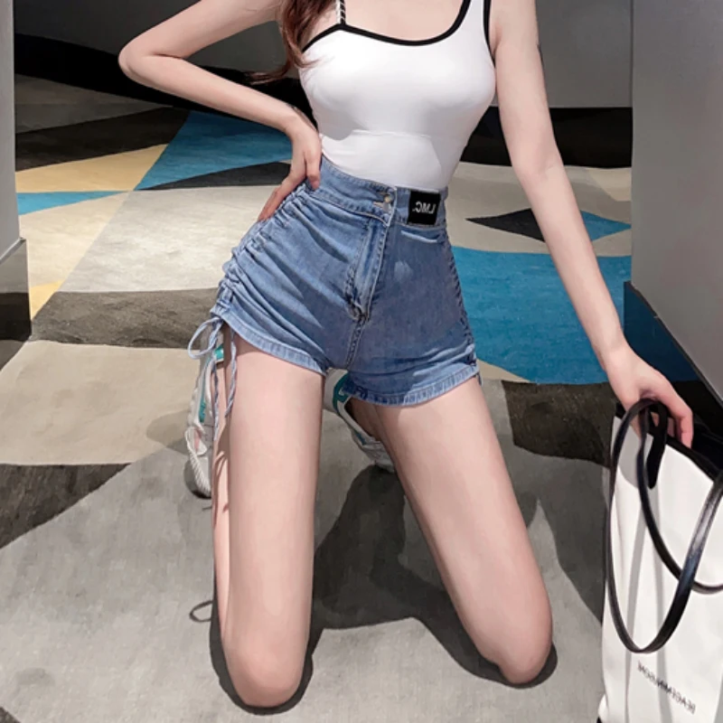 patchwork jeans JMPRS Sexy Women Skinny Denim Shorts Summer High Waist Tie Up Button Short Jeans Korean Slim Fashion Blue Female Jeans New patchwork jeans