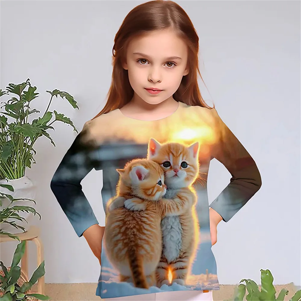 2024 Summer Girls Boy Children T-Shirts Fashion Cat Print O-Neck Clothing Polyester Baby Clothes Casual Cartoon Short Sleeve Top