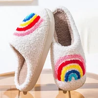 Women Rainbow Slippers Men Retro Preppy Slippers Winter Warm Plush House Fluffy Living Room Shoes Female New Christmas Gifts 1