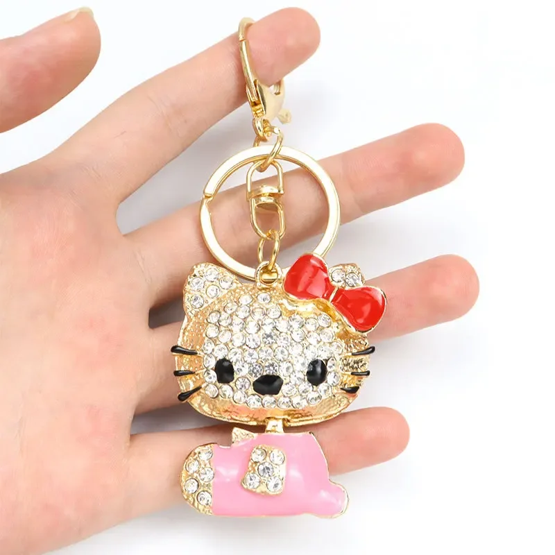 

Hello Kitty Sanrio New Keychain Cute KT Cat with Diamond Crystal Oil Drip Key Pendant Car Keychain Female Bag Chain Accessories