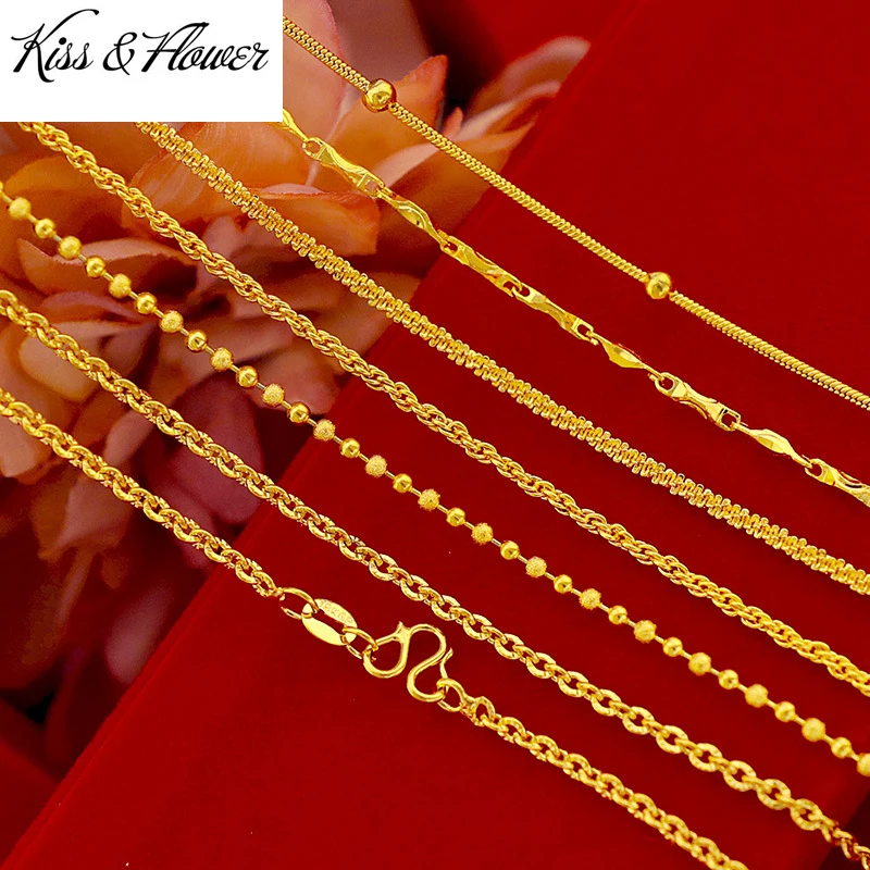 

KISS&FLOWER NK10 Fine Jewelry Wholesale Hot Fashion Woman Girl Birthday Wedding Gift Twist 24KT Gold Slim Chain Link Necklace