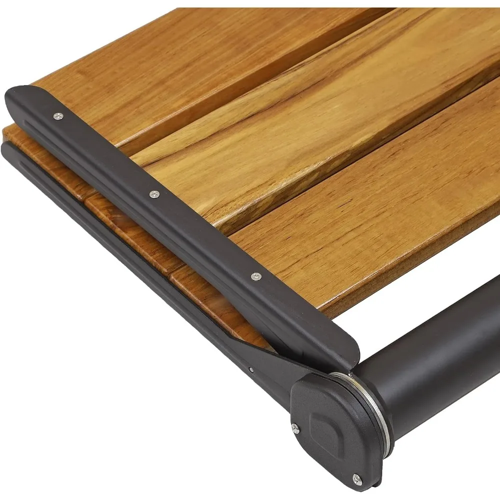 18" Wall-Mounted Folding Serena Teak Wood Shower Bench Seat with Matte Black Frame, Clear Coated for Extra Protection 3