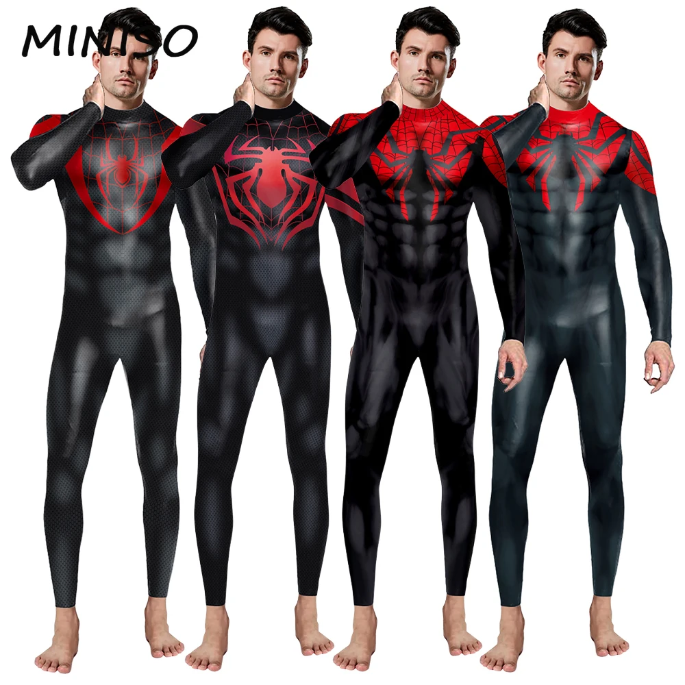 MINISO Halloween Party Costume Men Spider Printed Catsuit Jumpsuit Adult Dress Up Superhero man Cosplay Zentai Bodysuits