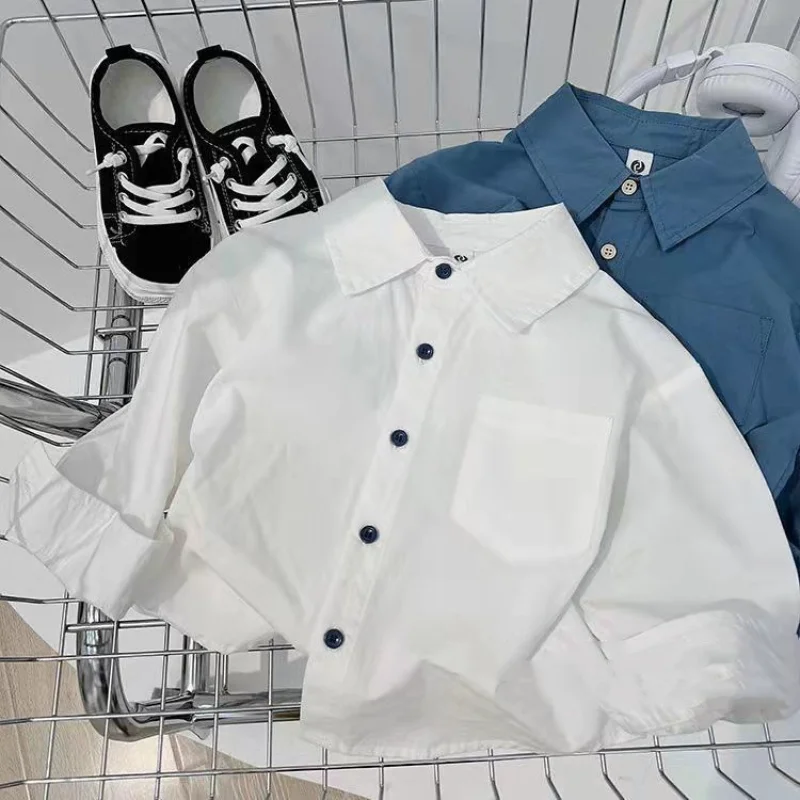 Boys Long Sleeve Shirts Spring Summer Lapel Solid Color Printed Fashion Trend Korean Version Casual Cotton