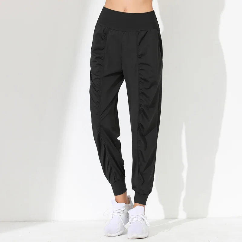 Yoga Pants Woman Loose Slim Quick-Dry Pleated Hem Bound Running Fitness Capris Pockets