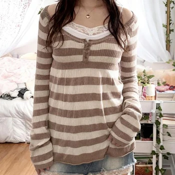 Fairy Grunge Sweater Pullovers Tops Women Y2K Stripped Babydoll Tops Vintage Long Sleeve Button Square Neck Knitted T-shirt 1