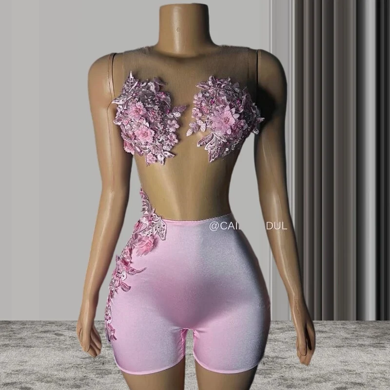 Cocktail Dresses African Bodysuit 3D Floral Sheer Mesh Black Girl Mini Evening Party Birthday Gown customsized outift Pink