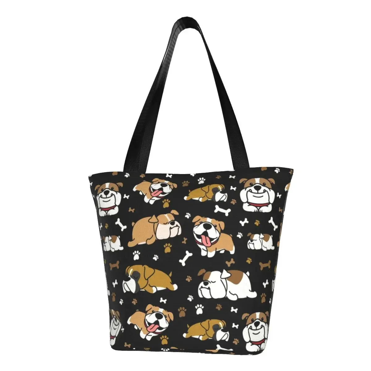 

Cute English Bulldog Groceries Shopping Bags Kawaii Print Canvas Shopper Tote Shoulder Bags Big Capacity British Dogs Handbag