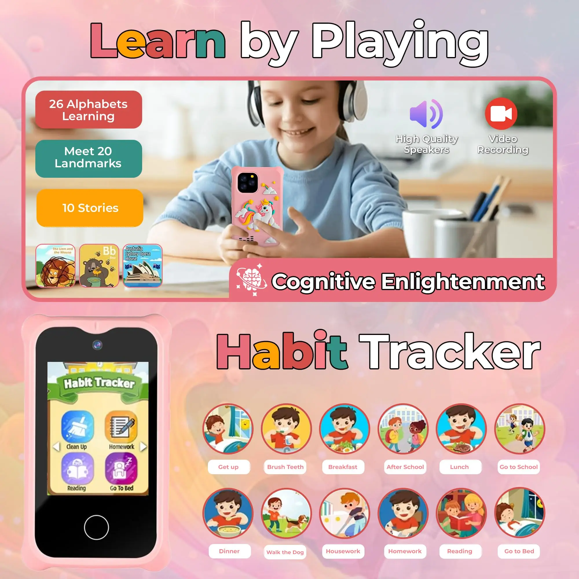 어린이 스마트폰 듀얼 카메라 2.8인치 터치스크린 교육용 장난감, 크리스마스 생일 선물, ABC 학습, 습관 기록기