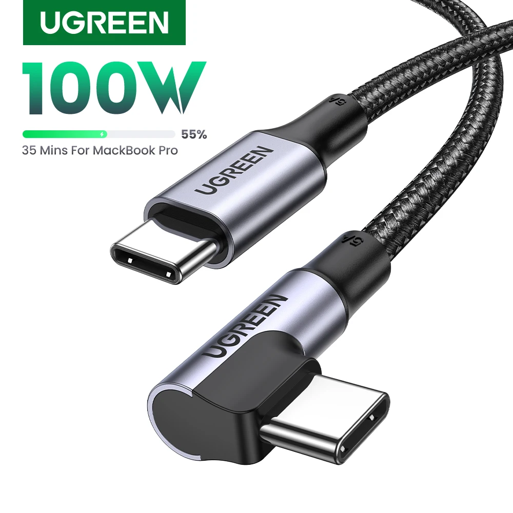 UGREEN 90-Degree USB-C to USB-C Fast Charging Cable, 100W PD, 5A, Available in 2m and 1m Lengths
