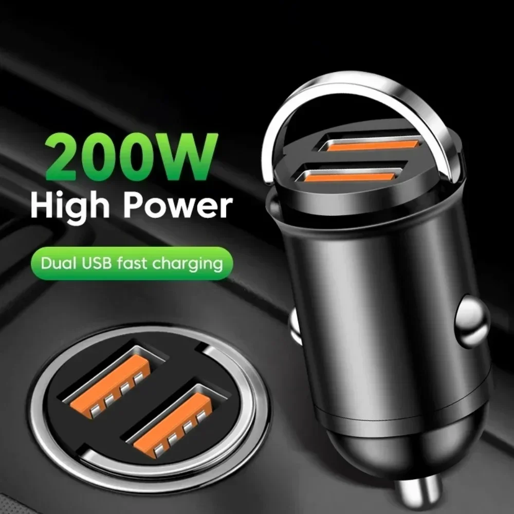 Mini Dual USB Port Car Charger Total 200W Fast Charging Car Phone Adapter for iPhone 16 15 Xiaomi15 Huawei Samsung Quick Charger