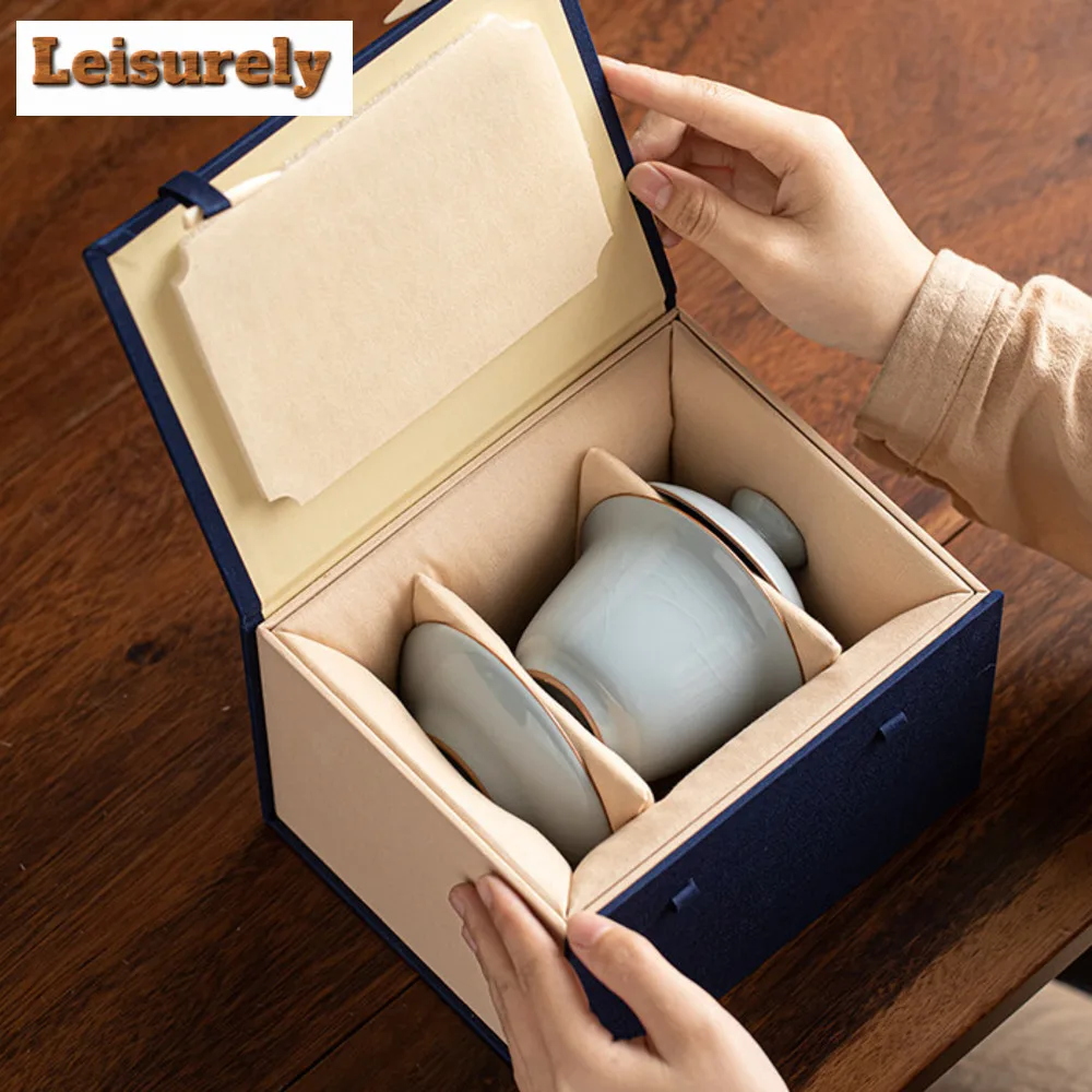 160ml Handamde Ru Kiln Ceramic Gaiwan Can Nourish Gold Wire Vintage Tea Tureen Household Tea Making Cover Bowl Tea Items Craft