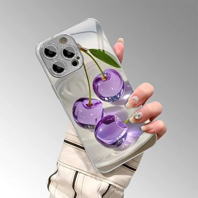 Purple Crystal Cherry Pattern Electroplated Glass Phone Case