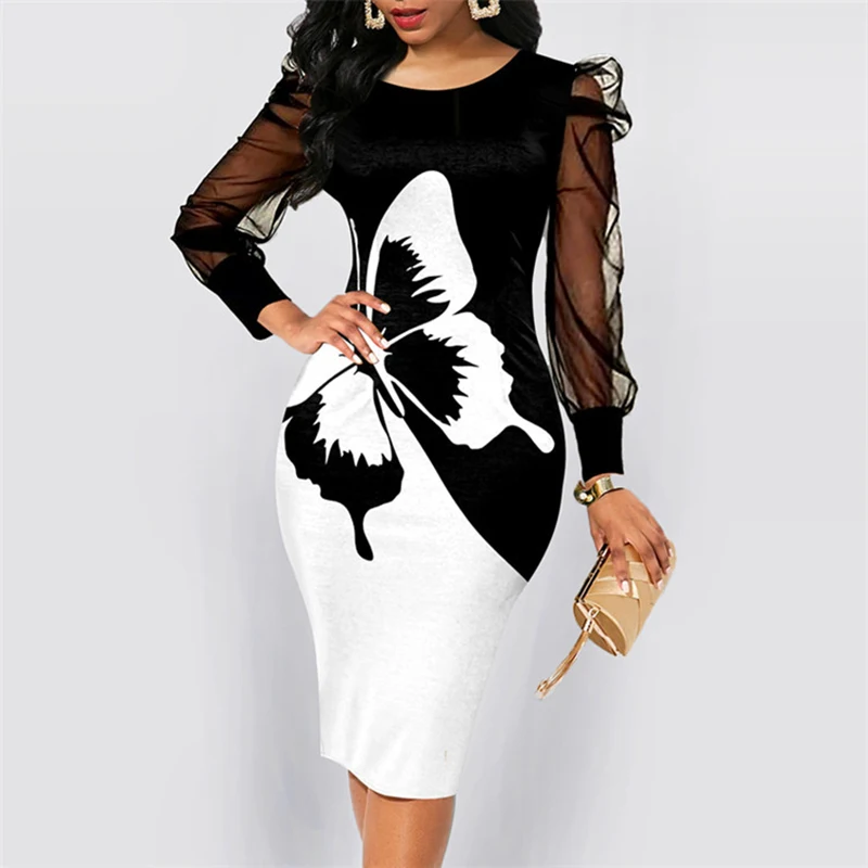 2023 Female Retro Printed Robe Bodycon Party Lace Office Ladies Dresses Long Sleeve Sexy Even Dress Fashion Elegant for Women