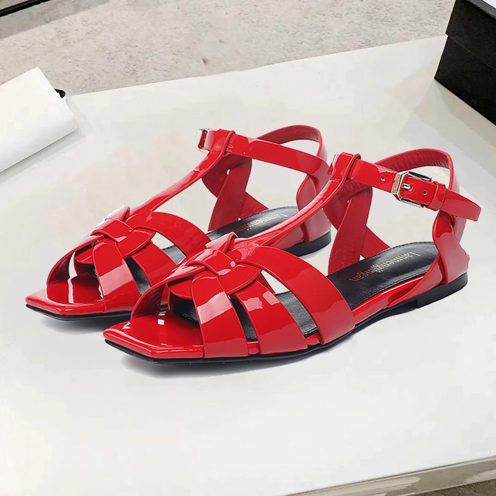 

2024 Tendency Women's Sandals Roman Luxury Brand Shoes Flat Heel Ladies Sandals Red Ankle Wedding Party Leather Casual Slippers