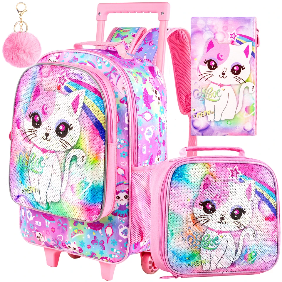 Zaino per ragazze, ruote a rullo per gatti carini borsa per libri