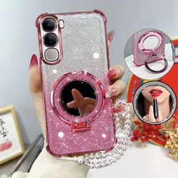 Glitter Shockproof Phone Case with Mirror Stand and Beaded Strap for Y21D (Pink)
