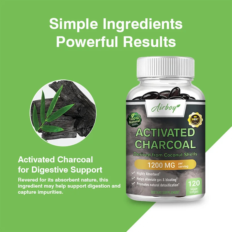 Activated Charcoal Capsules Used To Relieve Bloating and Detoxify The Body Promoting Intestinal Health