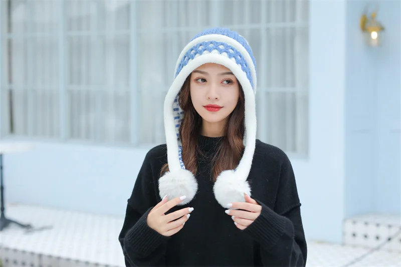 Neue Gestrickte Hut Dicke Warme Earflap Hüte Schal 2Pcs Set Fleece Gefüttert Ball Bommel Skullies Beanies Frauen Winter kaninchen Fell_voghion.com