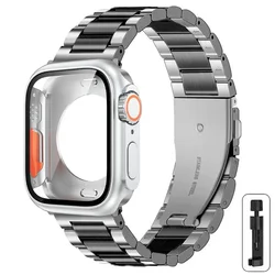 Premium Stainless Steel Strap with Full Cover Case for Series9 8 7 45mm (Silver black - Full)