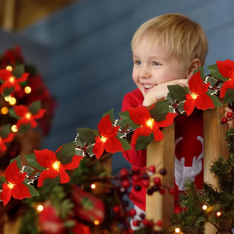 2M10LED Weihnachtsgirlande Beleuchtungsschnüre Künstliche rote Blumen Stechpalmenblätter für Zuhause 2024 Weihnachtsschmuck Neujahrsgeschenke 2025_voghion.com
