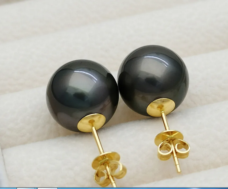 

Pair Natural 13-14mm Genuine Black Round Pearl Stud Earrings for Women Simple Wedding Party Jewelry Accessories Dangle ,hook 666