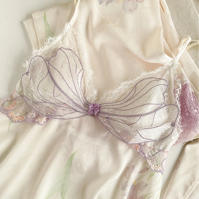 Spring Autumn Satin Pajamas Women's New Sleepwear 3PCS Sexy Lace Printed Home Clothes Suspender Sling Long Sleeved Pants Pijamas