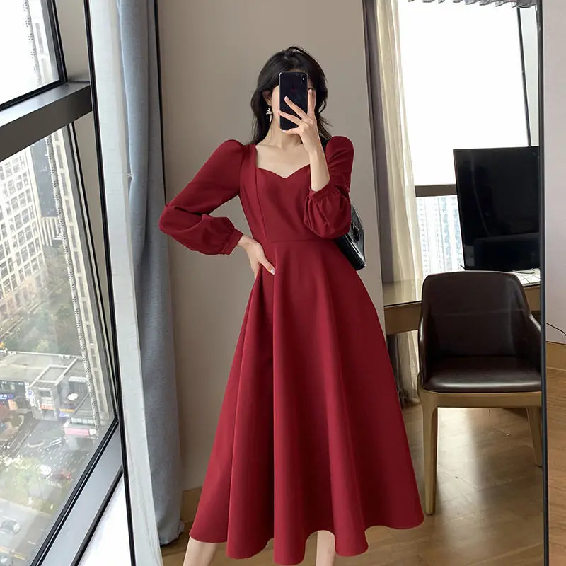 

Spring Autumn Long Dress for Women 2024 Simple Solid Square Collar Puff Sleeve Tea-Length A-Line Elegant Temperament Dresses