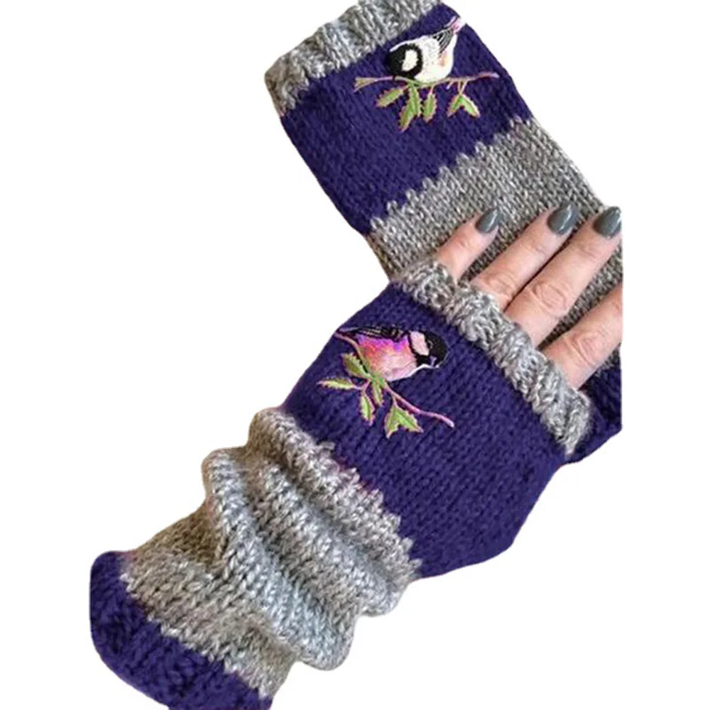 

Knitted Embroidered Bird Gloves Autumn Winter Cotton Fingerless Gloves Women's Knit Block Splice Mittens Cycling Warm Gloves