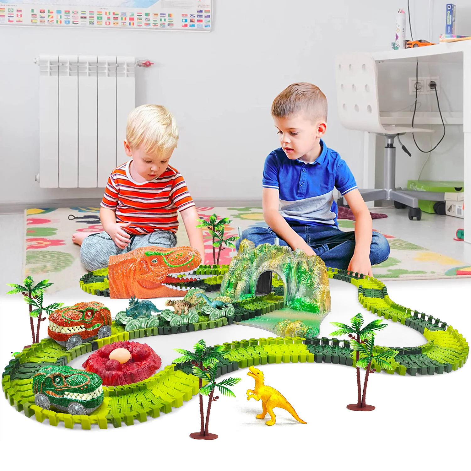 Dinossauro eletrônico pista de corrida ferroviária carro brinquedo jogo  conjunto diy montar curva flexível pista de corrida carro crianças  presentes educativos - AliExpress