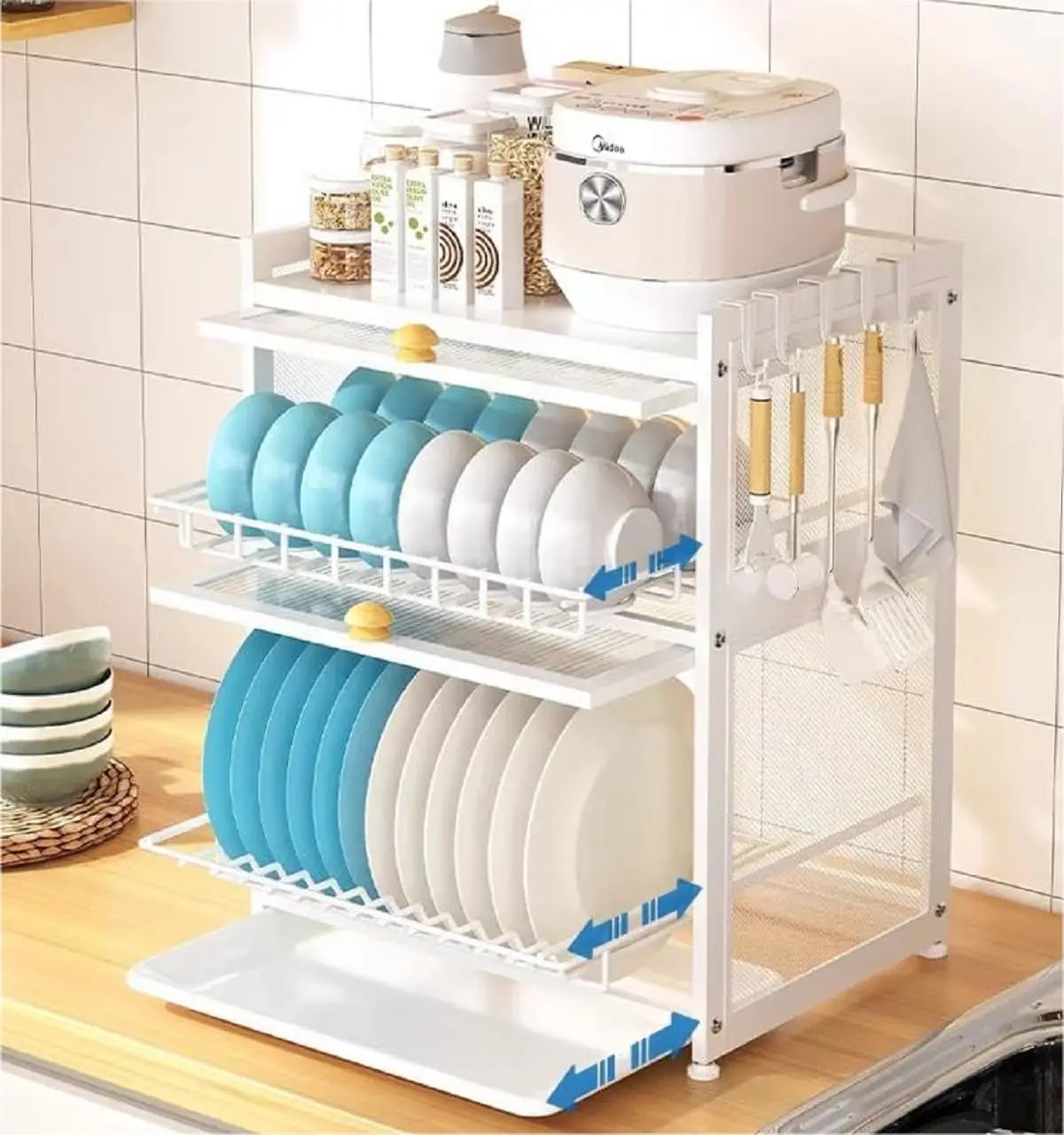 Medium Dish Drying Rack for Kitchen Counter, Stainless Steel Dish Strainer with Cover 2 Tier Kitchen Counter Utensil Holder